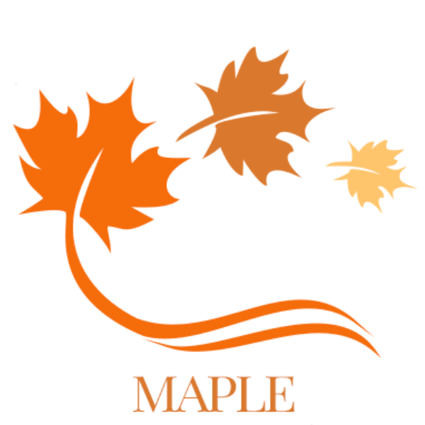 Maple logo featuring three maple leaves in decreasing size arranged on a curved stem with colors transitioning from bright orange to brown to pale yellow. The word MAPLE is displayed below in orange text. The minimalist design has an elegant, warm autumn aesthetic on a white background.